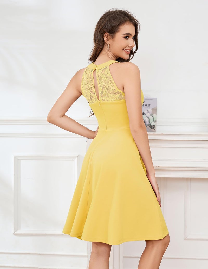 Bbonlinedress Yellow Vintage Short Halter Wedding Guest Dress Cocktail Prom Bridesmaid Lace Semi Formal Dress Yellow S - Image 2